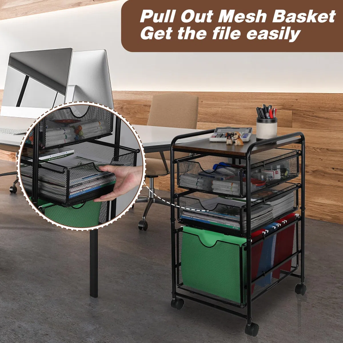 EasyPAG Carrito de archivos rodante con ruedas con 2 cajones de almacenamiento extraíbles y 1 organizador de carpetas colgantes tamaño carta, color negro