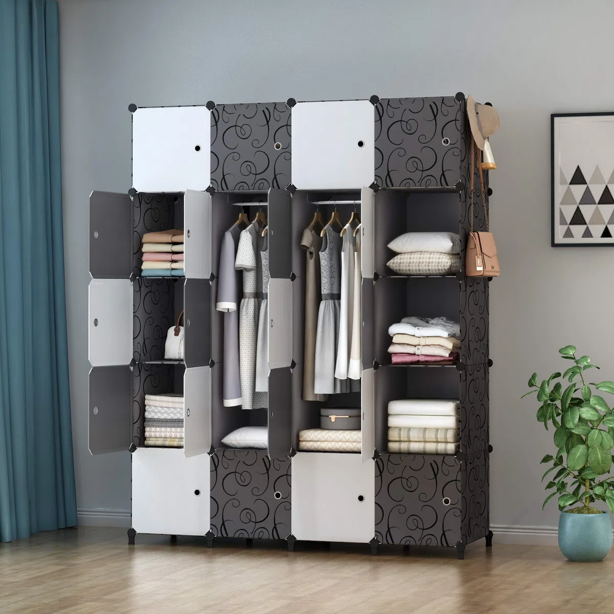 HOMIDEC Armario Modular, Guardarropa portátil para Colgar Ropa, 20 Cubo Ropero Armario Combinado con 3 Barra Colgante, Armario de Almacenaje de Ropa para Dormitorio
