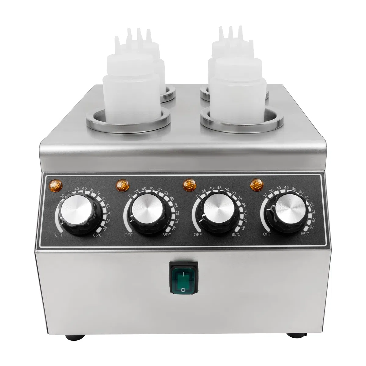Calentador de salsas eléctrico, 800 W, con 4 botellas de PVC, máquina de calentamiento de salsas de acero inoxidable, 30-85 ℃, para mantener diferentes salsas calientes