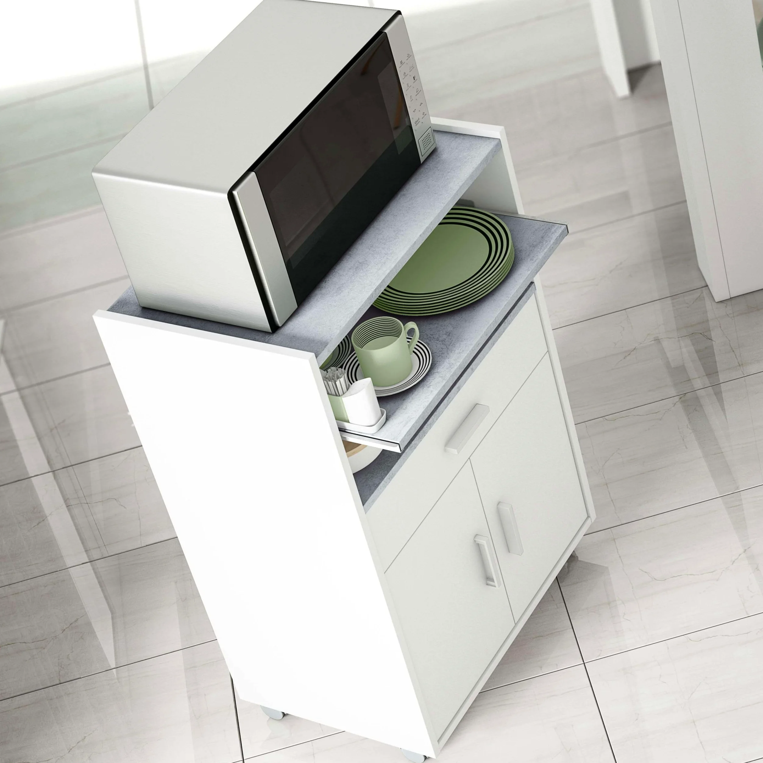 Habitdesign Mueble microondas Cocina Color Blanco y Cemento 1 cajón 2 Puertas 92x59x40 cm