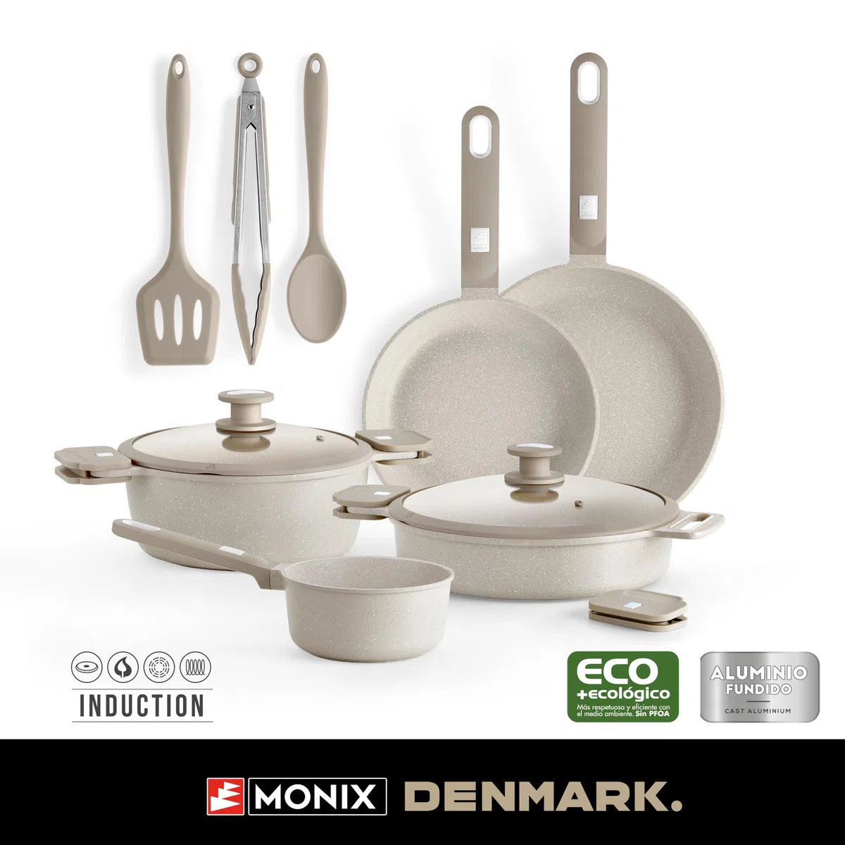 MONIX Denmark | Bateria de cocina 10 piezas, Aluminio Fundido con Antiadherente, Apta para todo tipo de Cocinas incluida Inducción