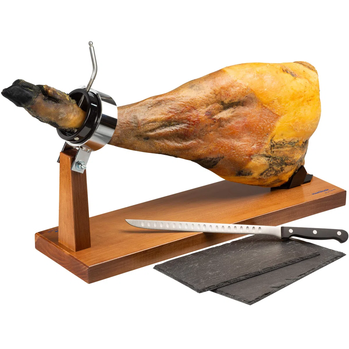 Jamonero Giratorio 360º en Madera Lacada + Cuchillo Jamonero 28 cm + 2 Platos de Pizarra Natural - Soporte Jamonero Fabricado en España - Jamonera 2 Posiciones para Jamones y Paletas