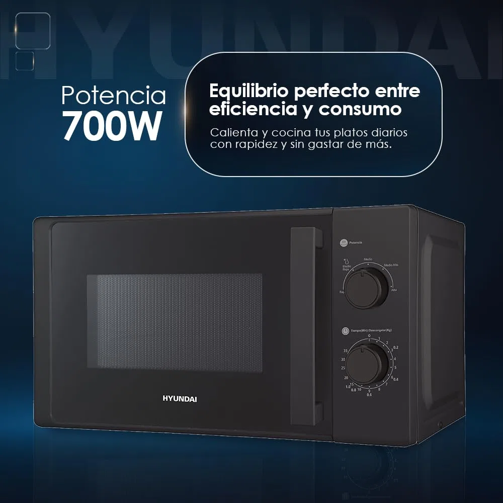 Hyundai Microondas 20 Litros Básico Cristal negro HMW2700N. 700W, 5 Programas, Modo Descongelación, Revestimiento Interior, Fácil Limpieza, Temporizador 35min.