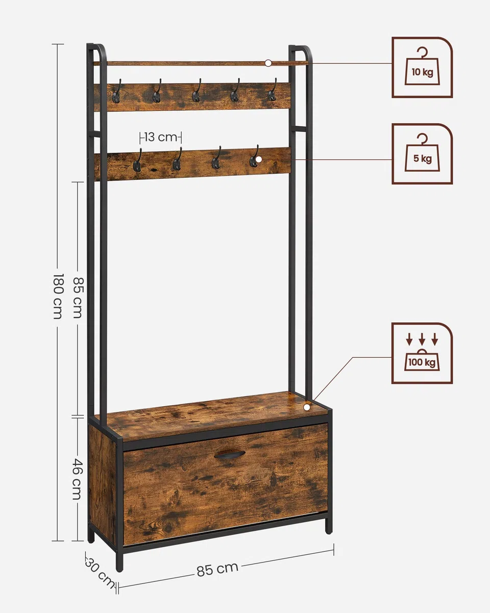 VASAGLE Perchero Zapatero, Perchero Recibidor, con Banco Zapatero, 9 Ganchos, Estante Superior, Pasillo Dormitorio Salón, Estilo Industrial, Marrón Rústico y Negro HSR405B01