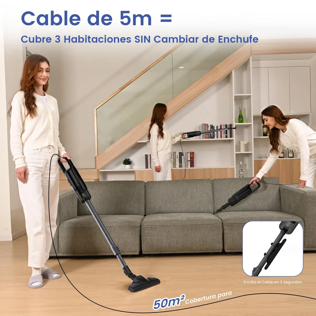 VersLife C8PRO Aspiradora con Cable 30KPA, Escoba Aspiradora de 5m, Potente y Ligera, Diseño Antienredos y Tubo Telescópico, para Pelos de Mascotas, Alfombras y Suelos