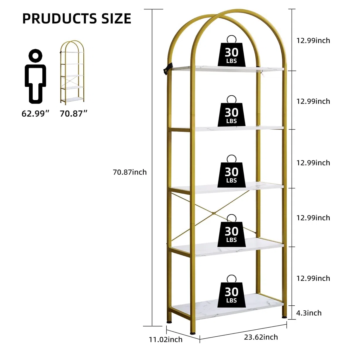 Zstar Estantería Arqueada De 5 Niveles, Estantería Alta con Estructura De Metal, Moderna Estantería Abierta para Dormitorio, Sala De Estar y Oficina En Casa.