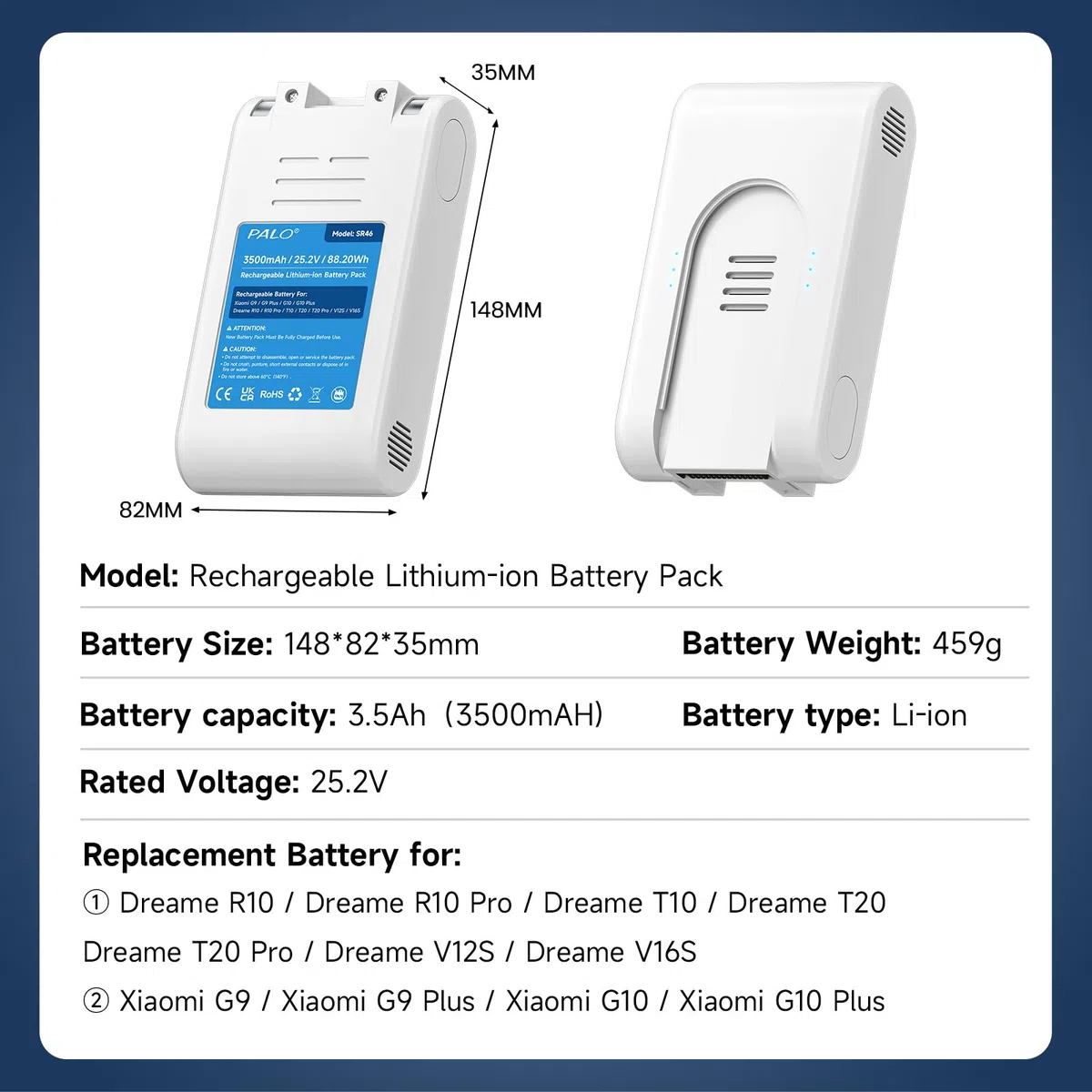 3500mAh Batería para aspiradora Xiaomi G9, G9 Plus, G10, G10 Plus, Dreame R10, R10 Pro, T10, T20, T20 Pro, V12S, V16S (25,2 V/88,2 WH)