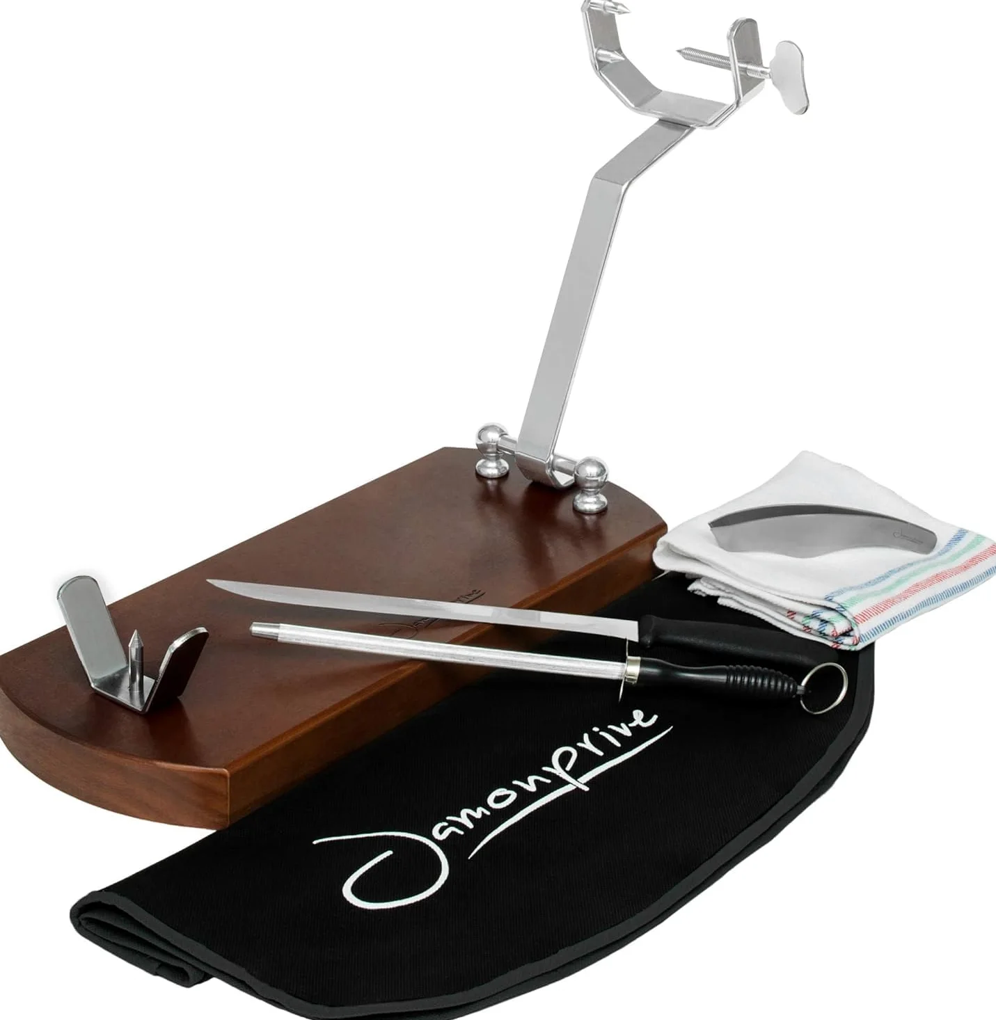 Jamonprive Soporte Jamonero Plegable Lacado Nogal con Gomas Antideslizantes + Cuchillo + Chaira + Cubre Jamón + Paño + Pinzas - Set Profesional de Corte de Jamon Serrano e Ibérico