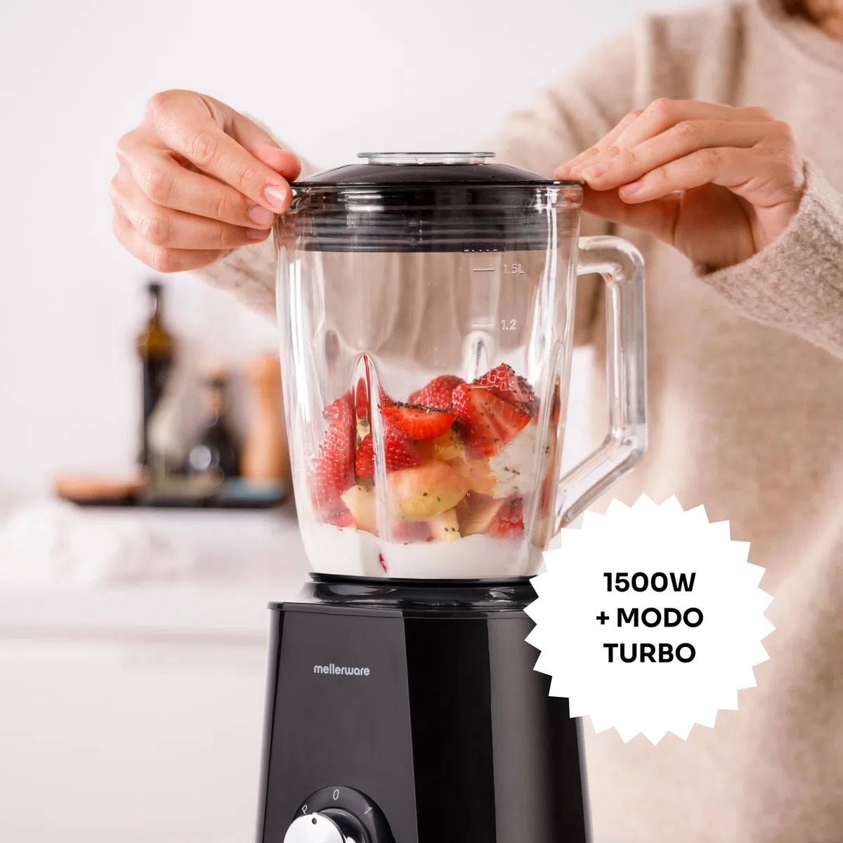 Mellerware - Batidora de vaso Mixy! 1500 W | Jarra de vidrio de 1.5L | 2 velocidades + TURBO | Procesador de alimentos profesional con cuchillas de 6 hojas | Rompehielos | Negro