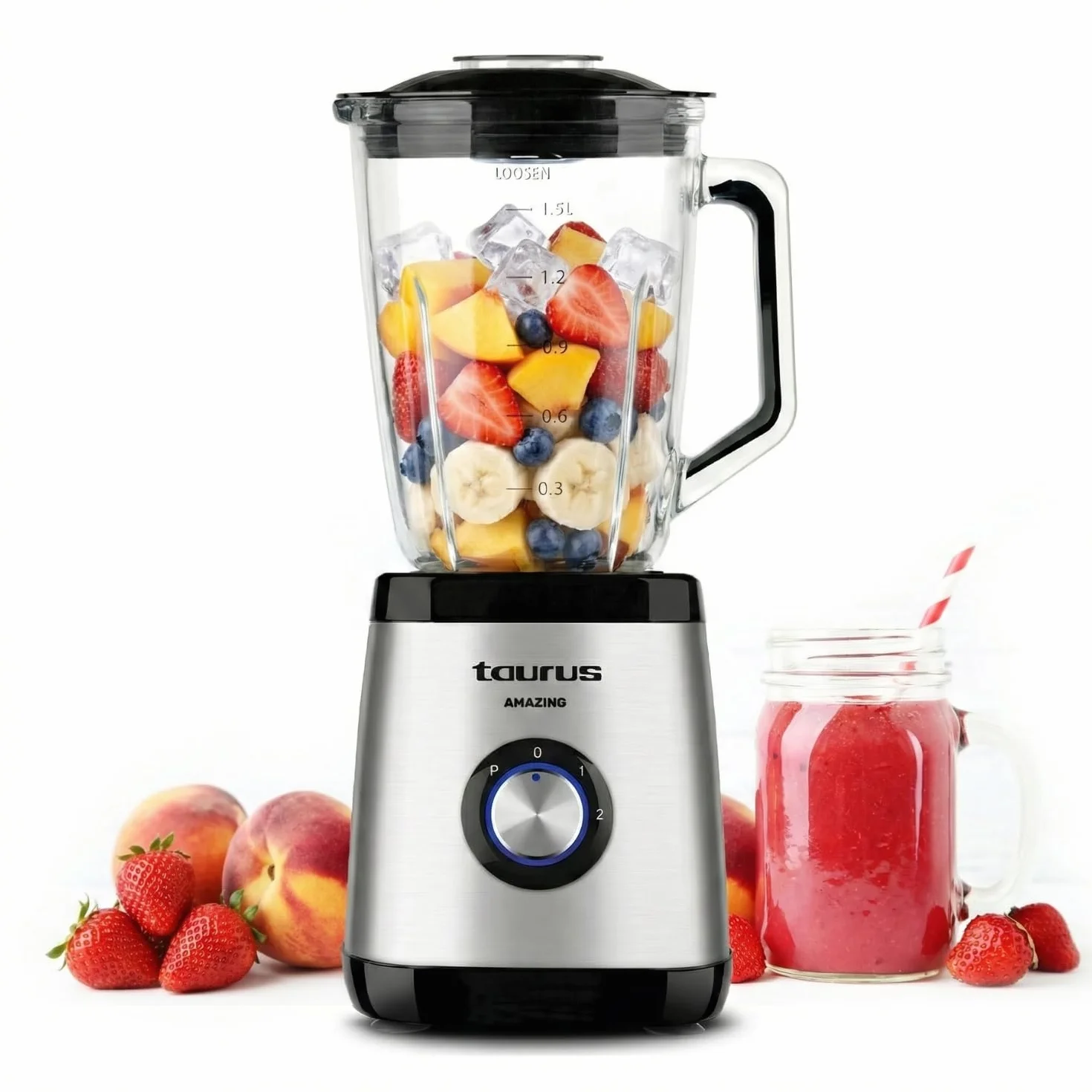 Taurus Amazing - Batidora de Vaso JB1502XC, 1500W, Jarra de Cristal 1.5L, 2 Velocidades + Turbo, 4 Cuchillas Inox, Pica Hielo, Seguridad Integrada, Apta Lavavajillas, Gris y Negro