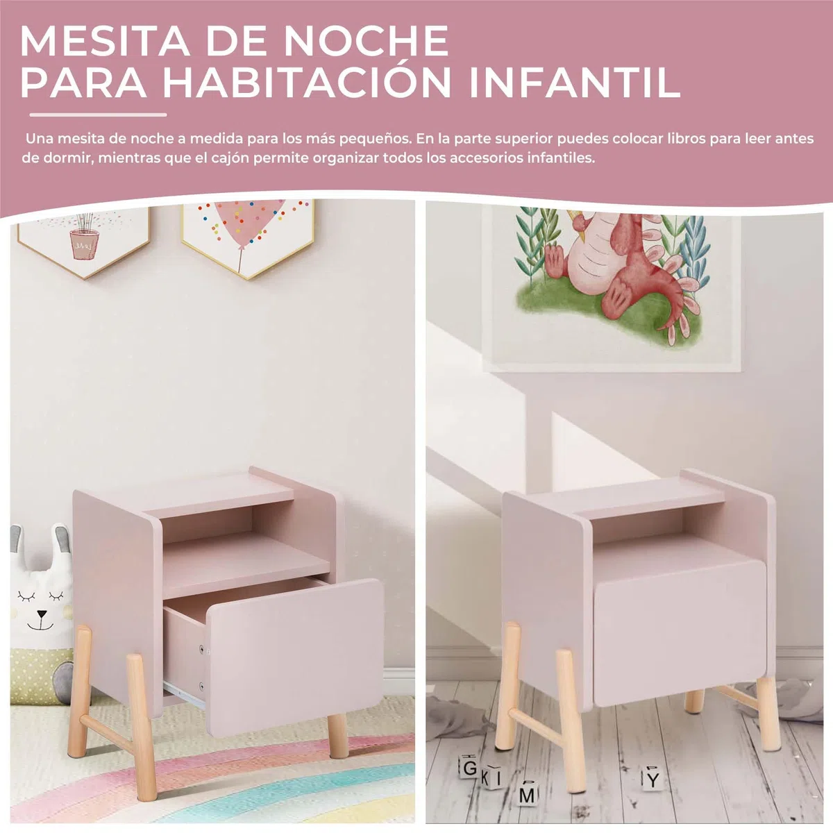 Rebecca Mobili Mesita de Noche para Habitación Infantil, Mesita de Noche Montessori, Rosa Marrón, MDF Pino, con Bordes Redondeados - Dimensiones AxAnxFon: 49 x 43 x 30 cm - Art. RE7129
