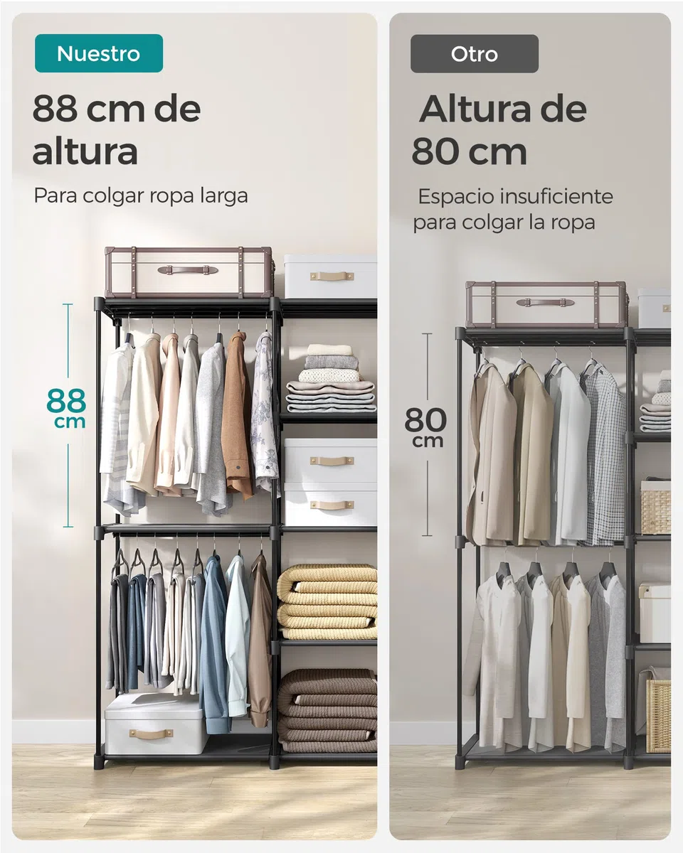 SONGMICS Armario, Perchero, Guardarropa, con Barras, Vestidor, Estantes de Tela, Marco de Metal, 182 x 43 x 182 cm, Negro Tinta RYG037B02