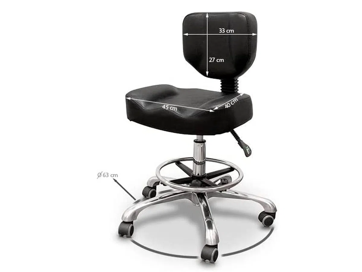QUIRUMED Taburete hidráulico con Respaldo, Asiento reclinable y reposapiés, Color Negro, tapizado en Polipiel, Acero Cromado, Antideslizante, Ergonómico
