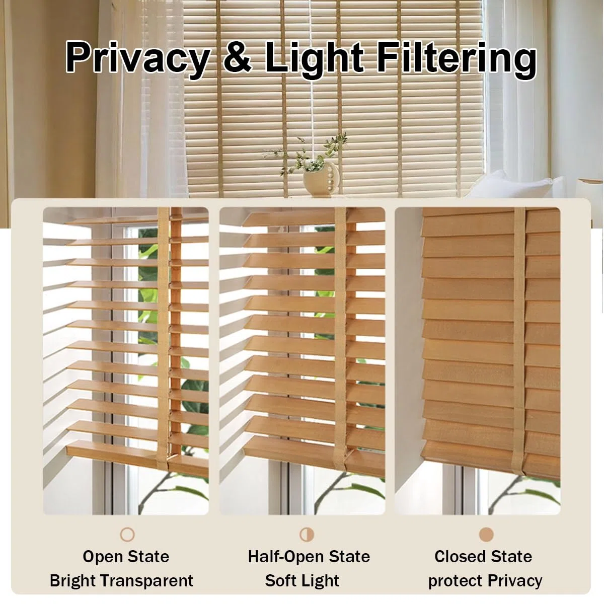 Genérico Persianas Venecianas De Madera Maciza Natural 30cm 45cm 60cm 75cm 90cm 100cm 105cm 120cm 135cm 150cm 160cm Persianas Horizontales Blackout Impermeables Cortinas De Privacidad(Beige)