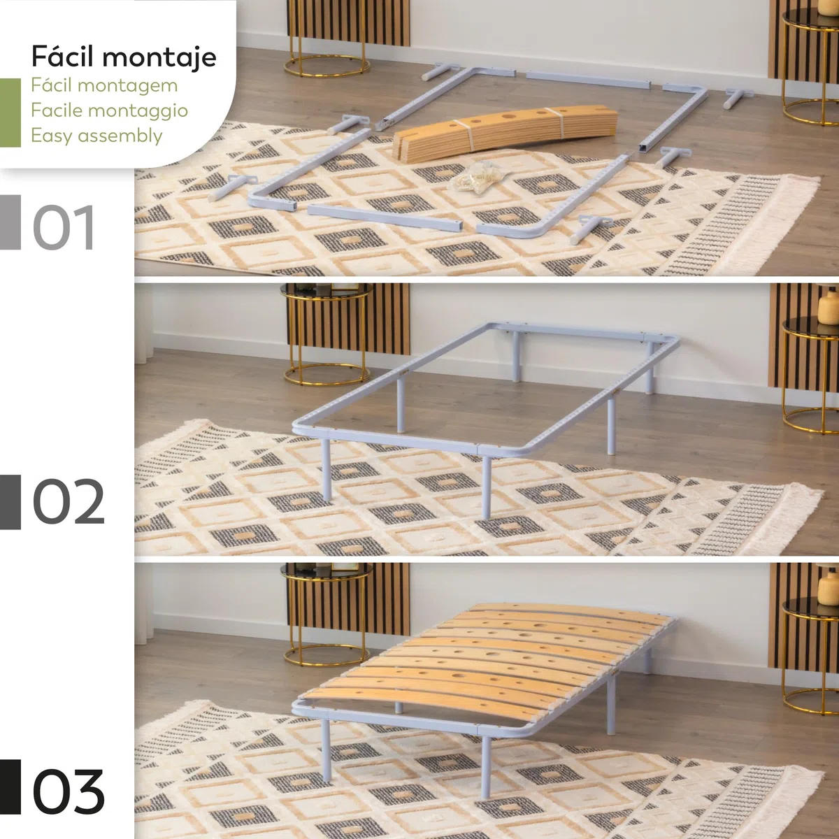 Somier Austen IF17 100x200 cm con Lamas de Madera de Abedul Amortiguadas, Estructura Metálica Blanca, Altura de 23cm con Espacio de Almacenaje Inferior