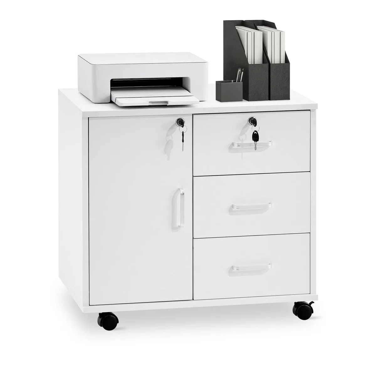 TUKAILAi Archivador Móviles con 4 Cajones y Cerradura, Armario de Oficina con Ruedas, Armario Multiusos con Gran Almacenaje para A4 Documentos en Formato Carta 40 x 60 x 57 cm (Blanco)