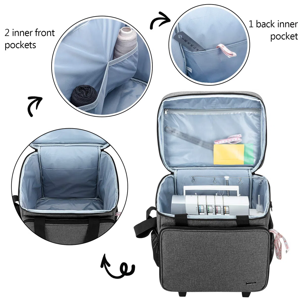 Luxja Bolsa para Remalladora con Trolley Desmontable, Maleta para Overlock, Bolsa Trasporte para Maquina Overlock y Accesorios, Gris