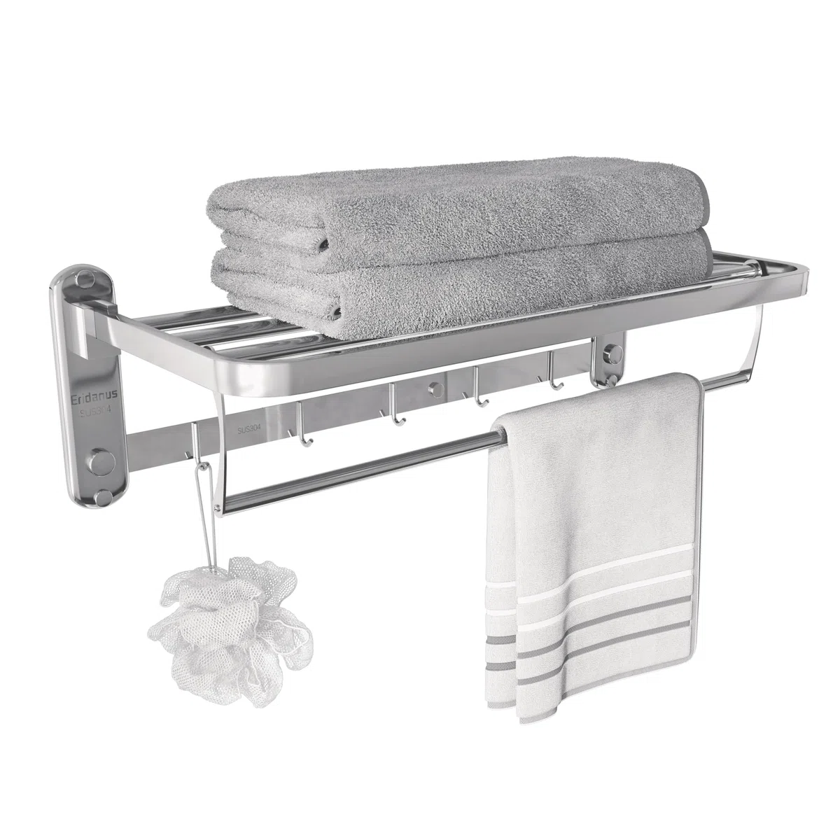 Eridanus Estante de Toallas, Toallero Doble Plegable de Acero Inoxidable de Pared, Estantería de Almacenamiento para Baño con Barras y Ganchos(60x19x24cm)