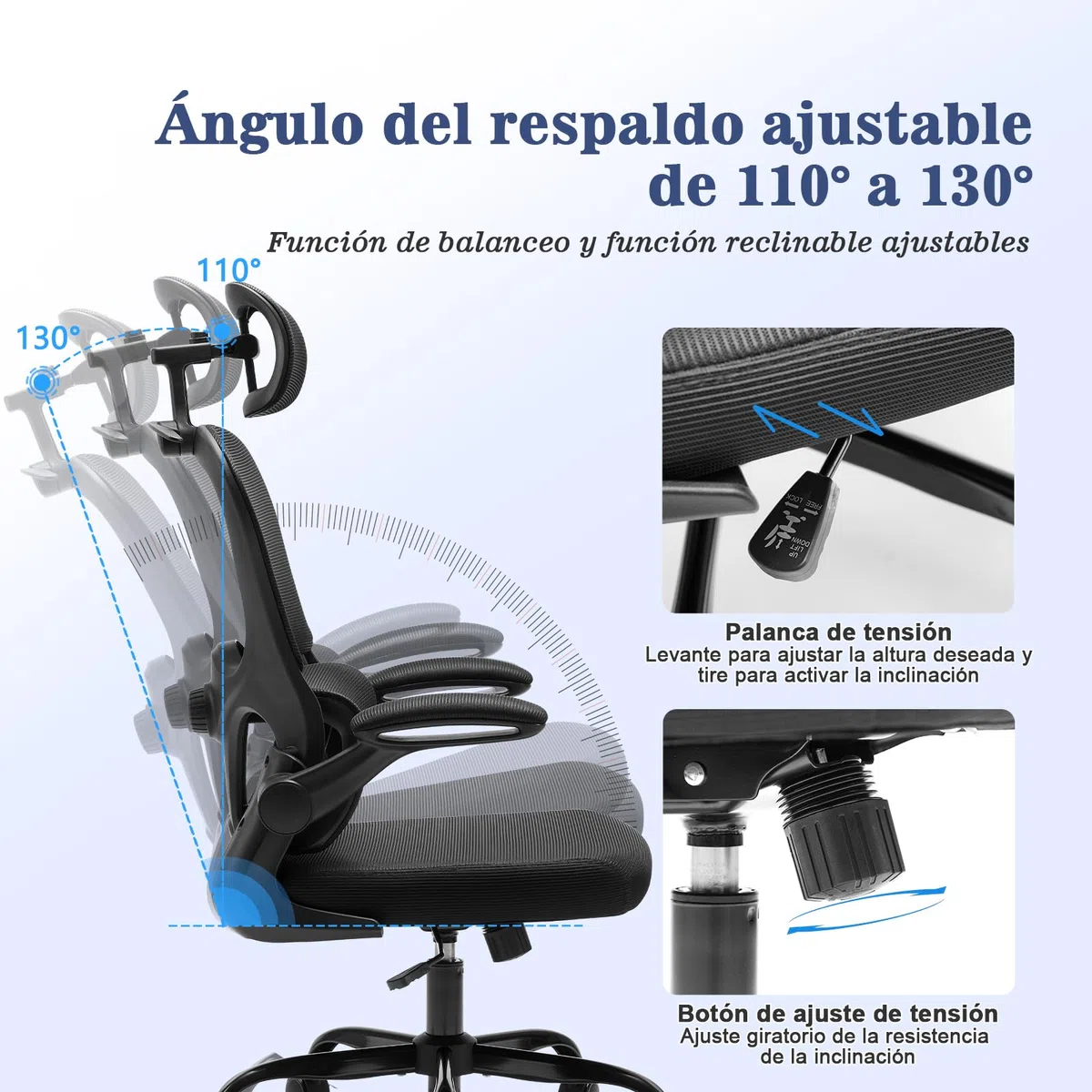 Magic Life Silla de Oficina Ergonómica con Respaldo de Malla, Soporte Lumbar Ajustable, Reposabrazos y Altura Regulable para Home Office (Negro)