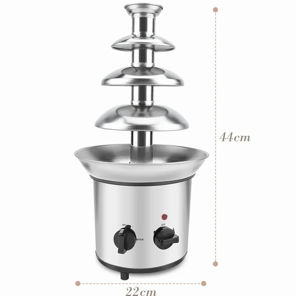 Fuente de Chocolate de Acero Inoxidable 4 Niveles, Fondue Eléctrica para Fiestas y Bodas, 170 W, 37 x 22 x 43 cm, Ideal para Celebraciones y Eventos Sociales