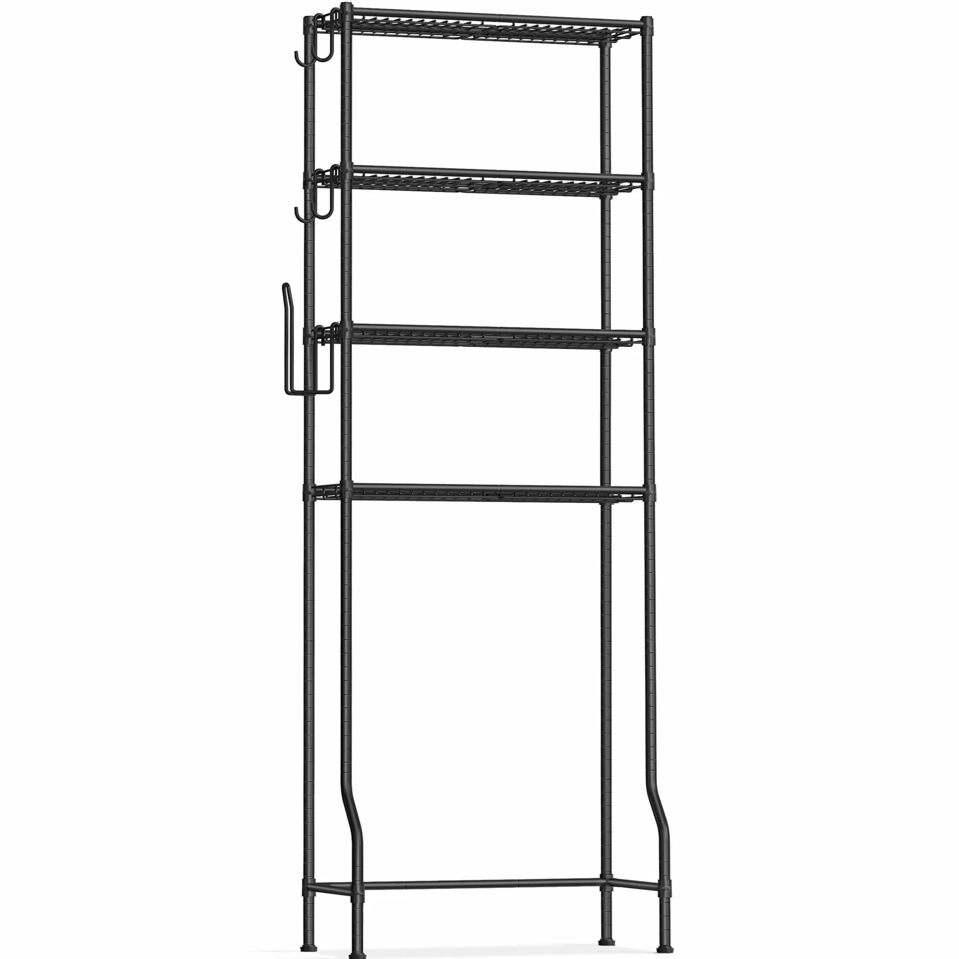SONGMICS Estantería de Inodoro de 4 Estantes, Estante de Metal para el Baño, Estantes Ajustables, con 4 Ganchos y Portarrollos, Ahorra Espacio, 30 x 63 x 176 cm, Negro BTS013B01