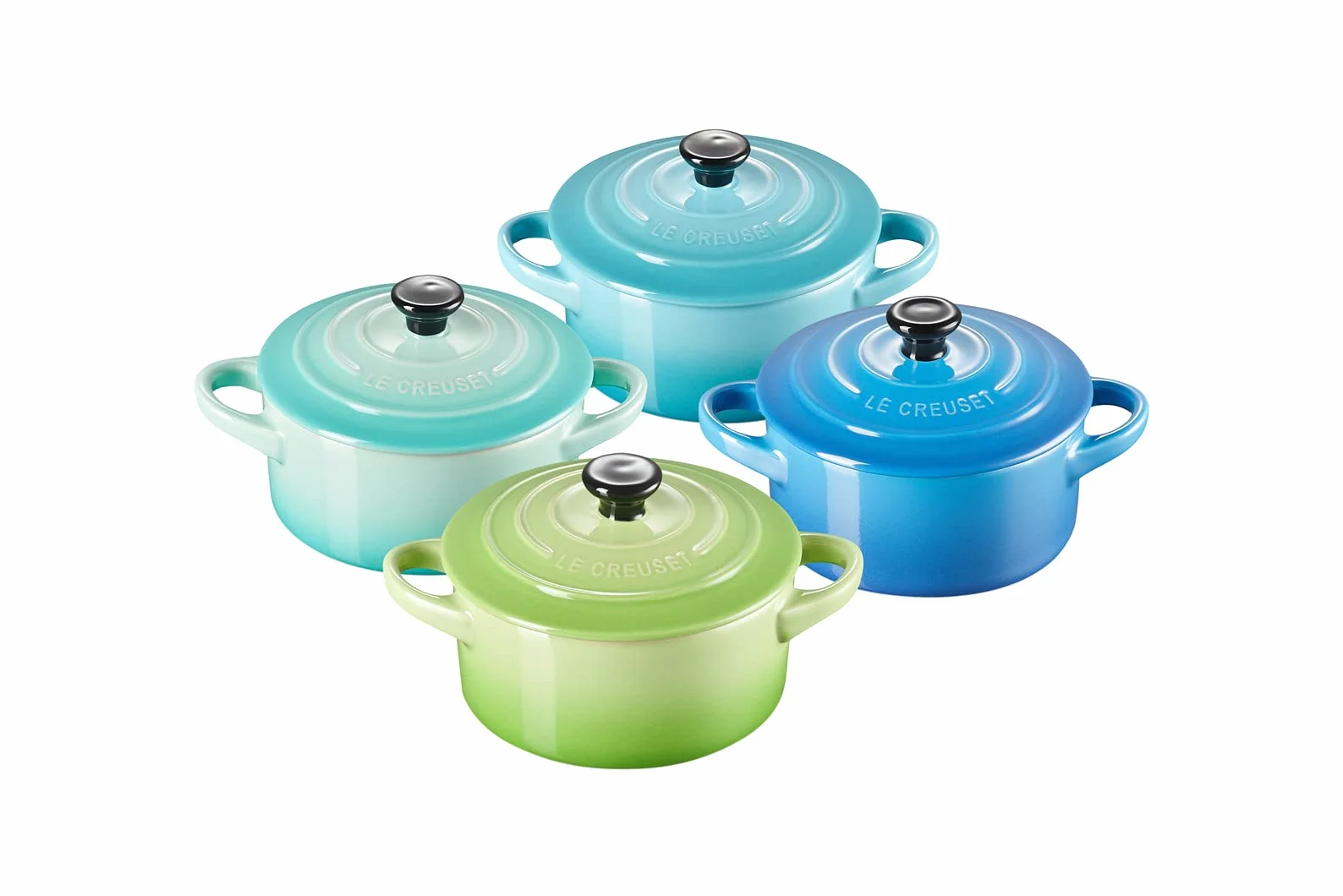 LE CREUSET Set de 4 mini cocottes de cerámica de gres, 250 ml, ⌀ 10 cm, Verde y azul, 79212105139100