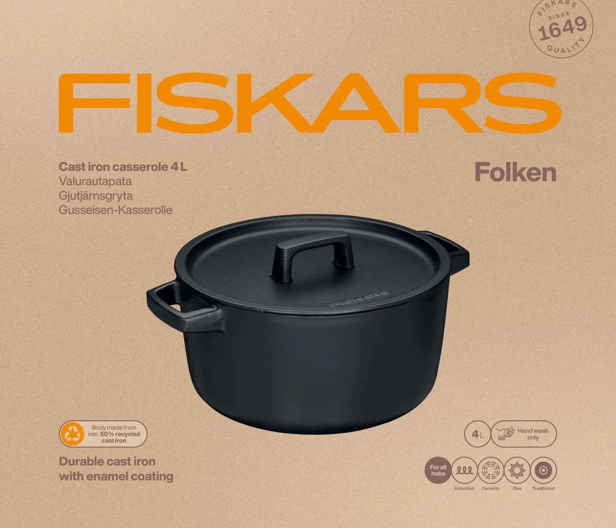 Fiskars Folken Cacerola de hierro fundido con tapa, 4 L, Esmaltada, Para todo tipo de placas, 1075698