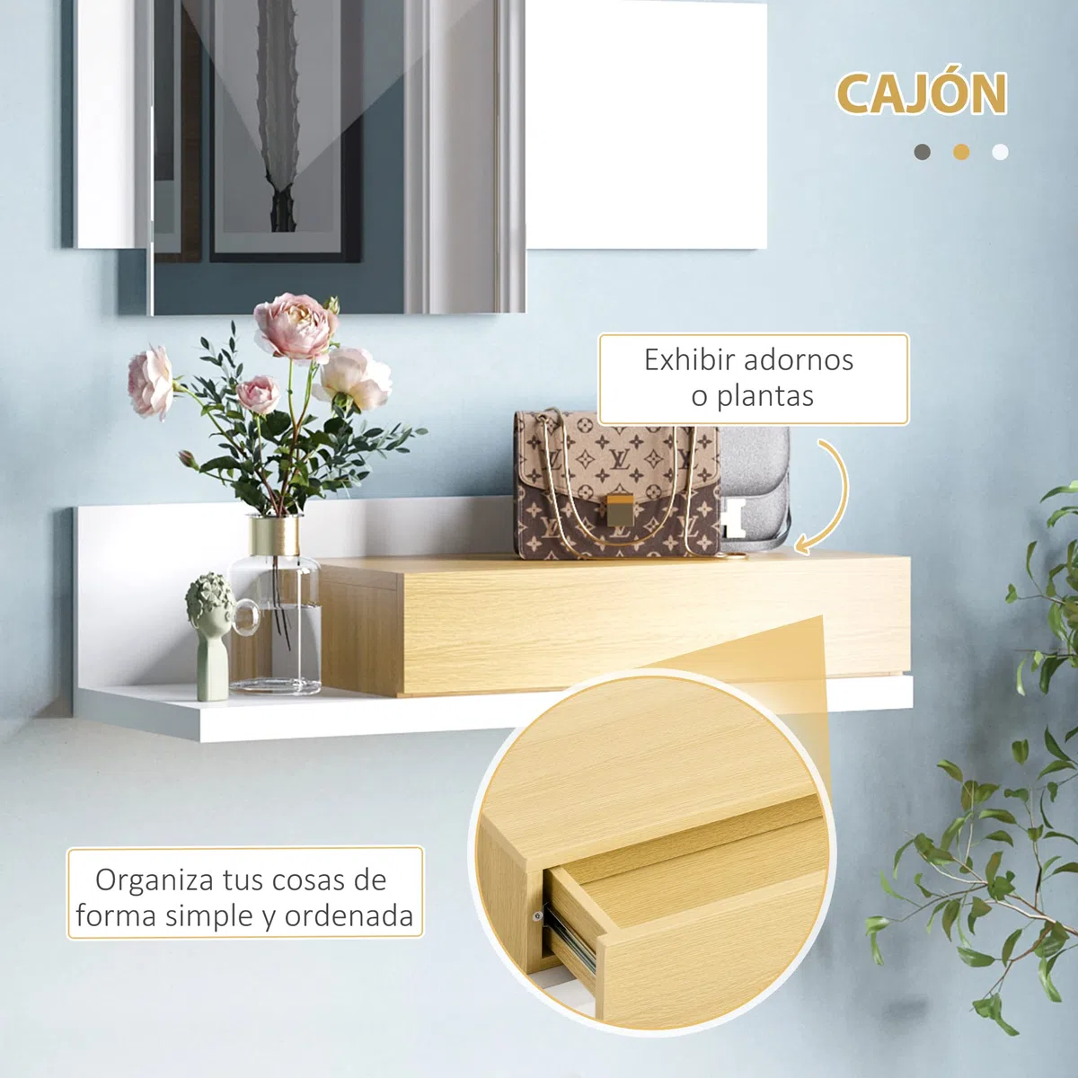 HOMCOM Juego de Muebles de Entrada Recibidor con Espejo y Cajón Estilo Moderno Recibidor Colgante para Pasillo 75x4x70 cm y 75x29x20 cm Blanco