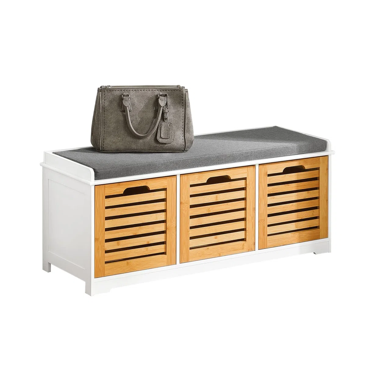SoBuy Banco Zapatero con Asiento, Banco Almacenaje con 3 Cubos y Cojín Acolchado – Banco Entrada Recibidor Natural y Blanco, 105 x 35 x 43 cm, Soporta 150kg – FSR23-WN