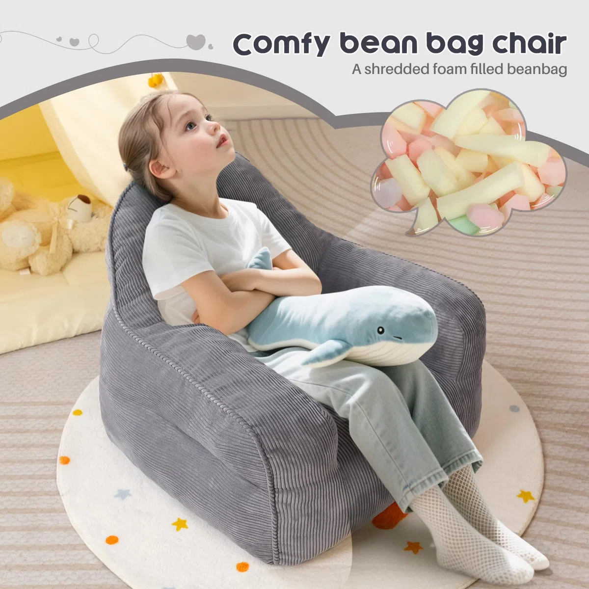 BEJOY Puf para niños, cómodo puf para niños con relleno incluido, silla para niños, gris
