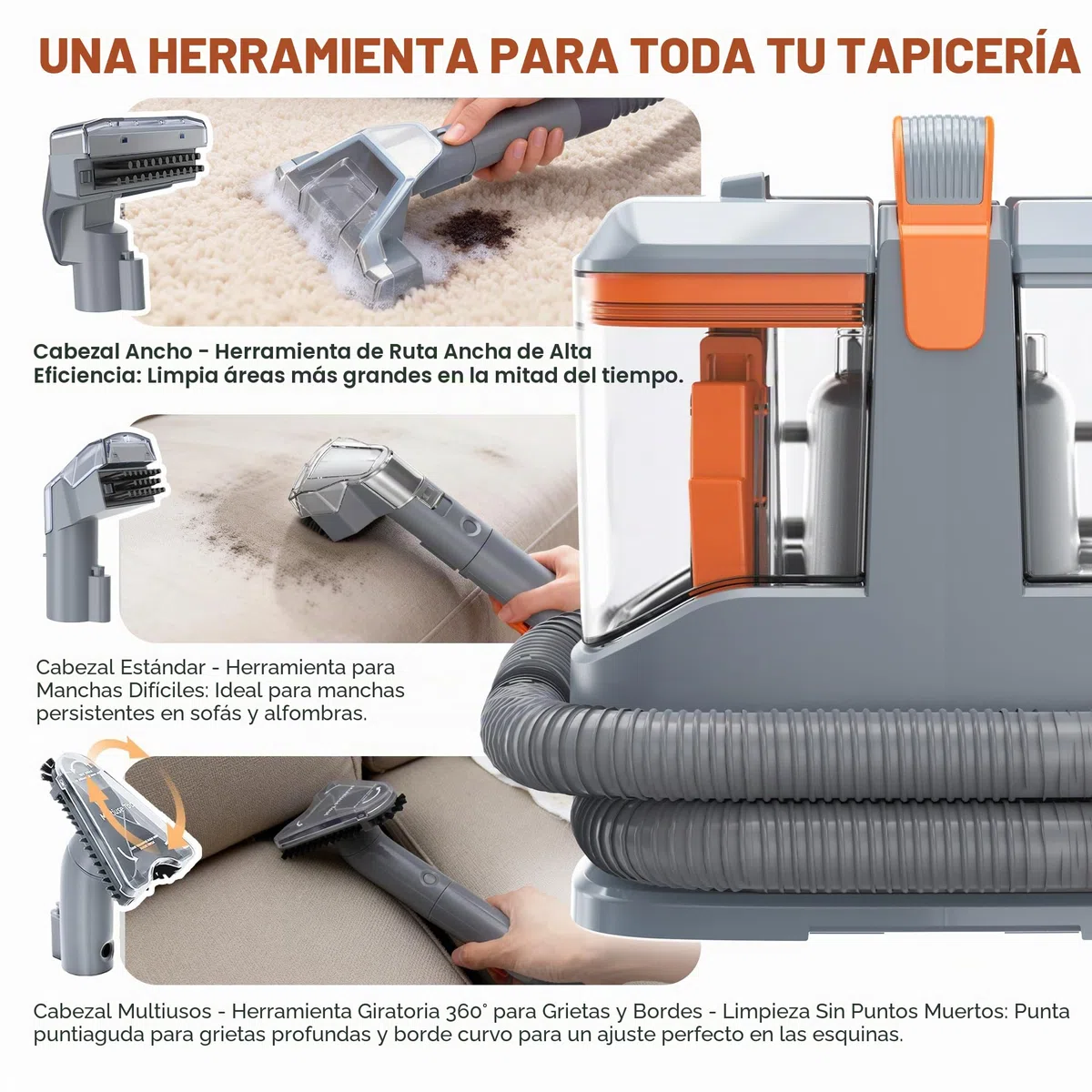 Limpiador de Tapicerías 450W 13kPa, Aspiradora de Agua para Tapicería y Sofá, Máquina para Limpiar Sofás, Alfombras y Colchones, con 3 Cepillos y Doble Depósito Autolimpiable, Portátil 2,6kg