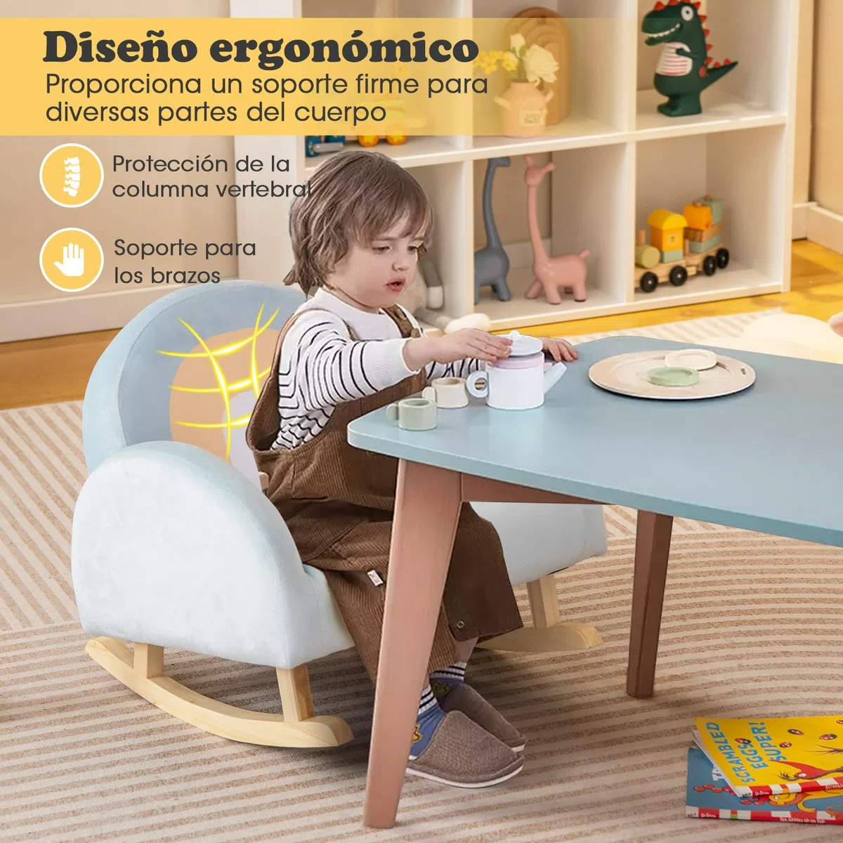 COSTWAY Sillón Infantil Mecedora, Sofá Tapizado para Niños con Estructura de Madera de Caucho Macizo y Funda de Terciopelo Suave para Guardería, Sala de Juegos, Dormitorio
