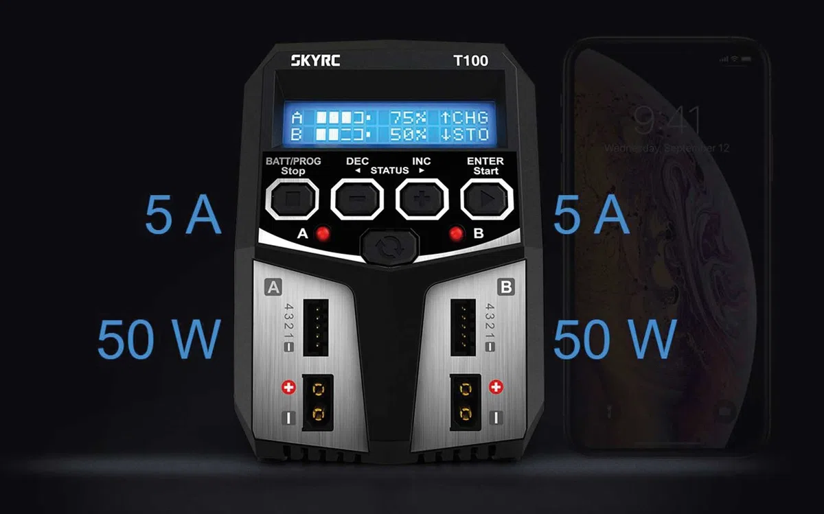 SKYRC T100 Modellbau Ladegeraet 5.0A Blei, LiFePO, LiHV, LiIon, LiPo, NiCd, NiMH Timer-Abschaltung,