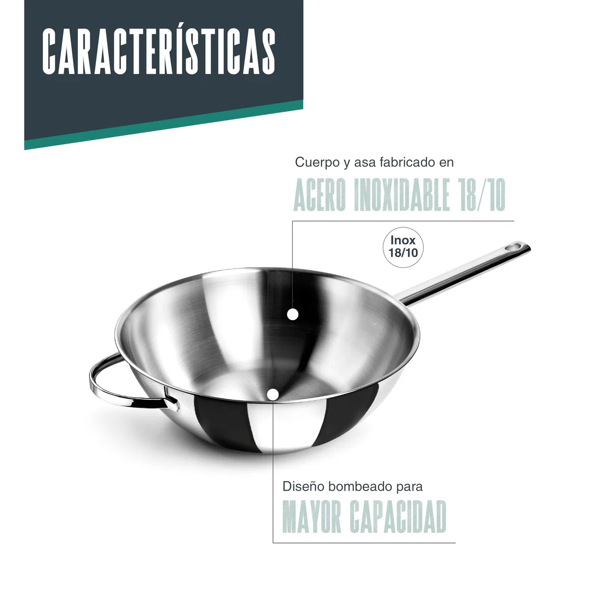 Lacor - 79830 - Wok Belly, Acero Inoxidable 18/10, Ø 30cm, 4,50 litros, Apto para inducción, Fondo Sándwich, Apto para horno, Apto para lavavajillas