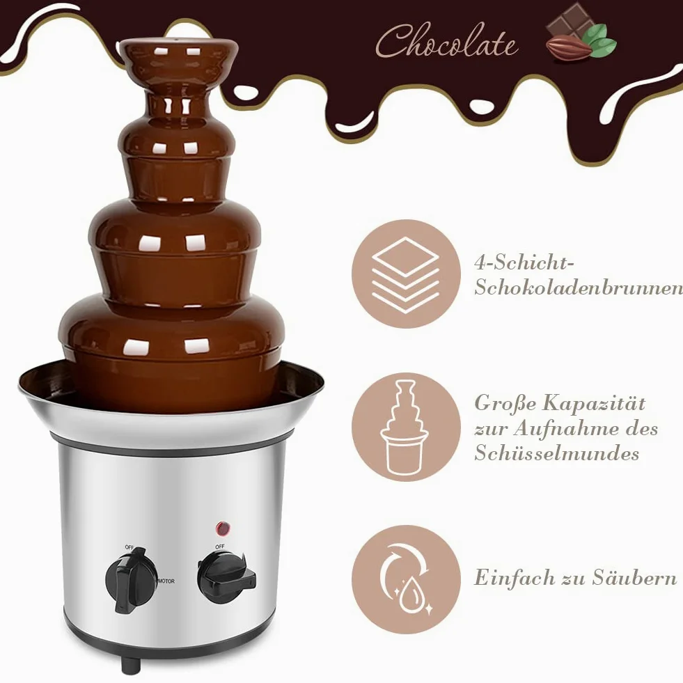 Fuente de Chocolate de Acero Inoxidable 4 Niveles, Fondue Eléctrica para Fiestas y Bodas, 170 W, 37 x 22 x 43 cm, Ideal para Celebraciones y Eventos Sociales