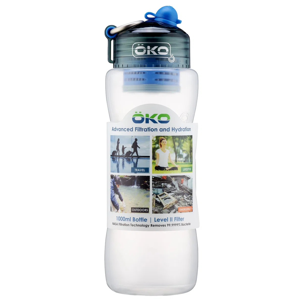 OKO H2O Botella de filtración 1L para cloro, plomo, micro plásticos y otros contaminantes, OKO1LARCTV2