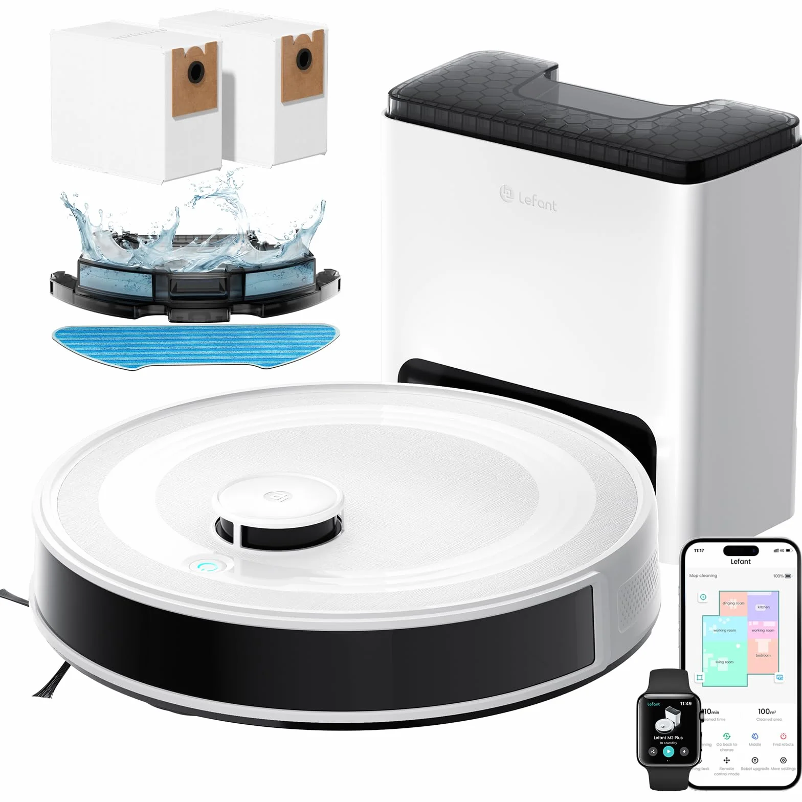 Lefant M2 Plus Robot Aspirador y Fregasuelos, 6000Pa con Estación de Vaciado Automático, Navegación Láser con Mapeo, Evitación de Obstáculos PSD, 140min Autonomía, Ideal para Pelos de Mascotas