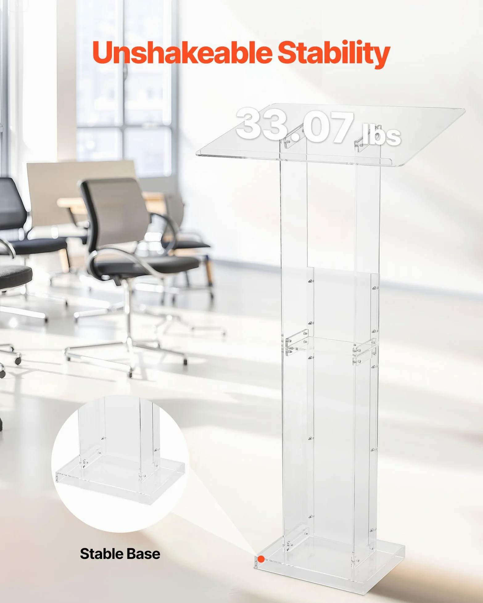 VEVOR Soporte de Podio de Acrílico Altura de 126,5 cm Atril de Pie Portátil con Superficie de Lectura 60 x 40 cm, Estante de Almacenamiento para Aulas, Bodas, Conferencias, Discursos, Conciertos