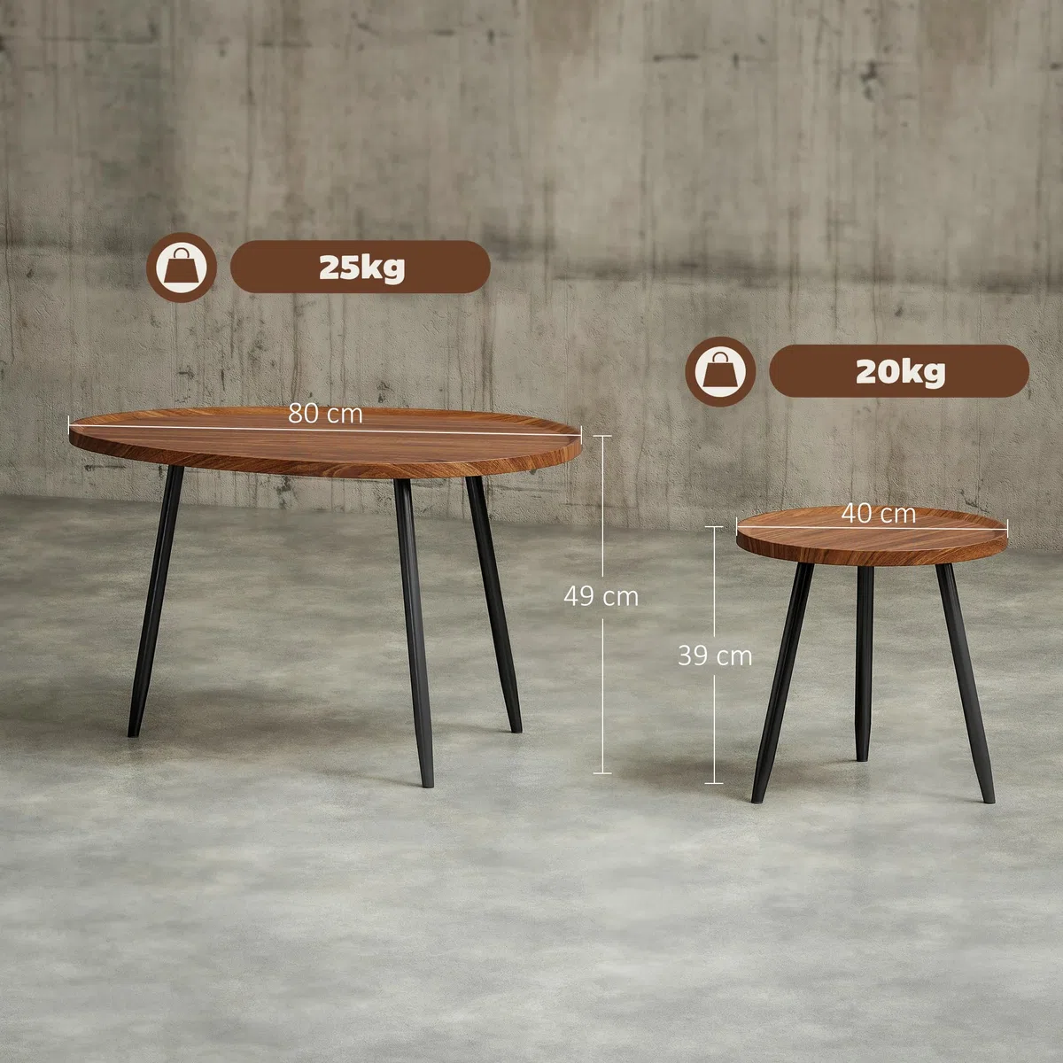 HOMCOM Juego de 2 Mesas Auxiliares Apilables Mesas Nido Mesitas de Café Estilo Moderno con Marco de Metal para Salón Dormitorio Oficina 80x55x49 cm y Ø40x39 cm Efecto Madera y Negro