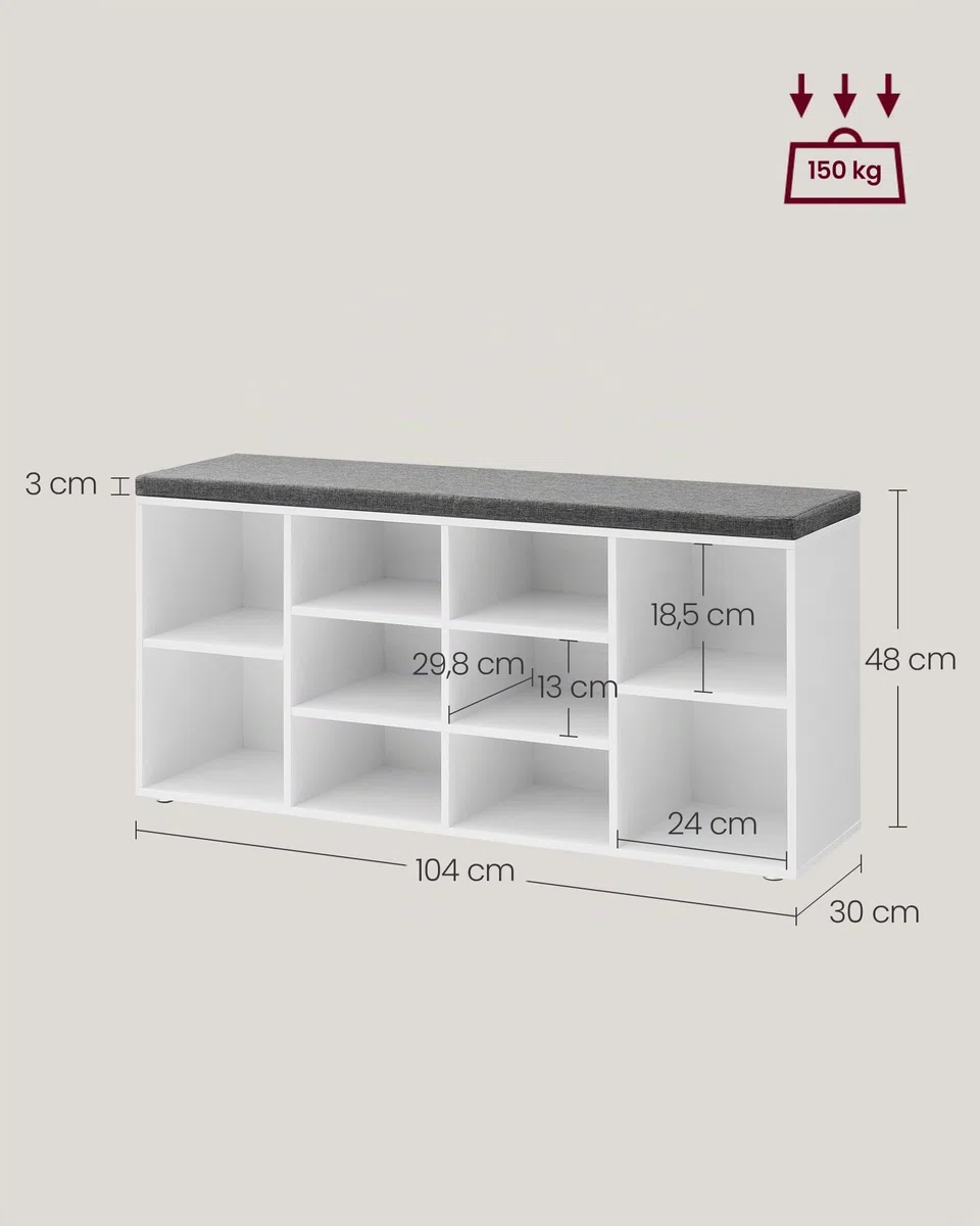 VASAGLE Banco para Zapatos, Repisa para Zapatos, Armario de Almacenamiento, 10 Compartimentos, con Cojín, para Entrada, 104 x 30 x 48 cm, Blanco LHS10WT