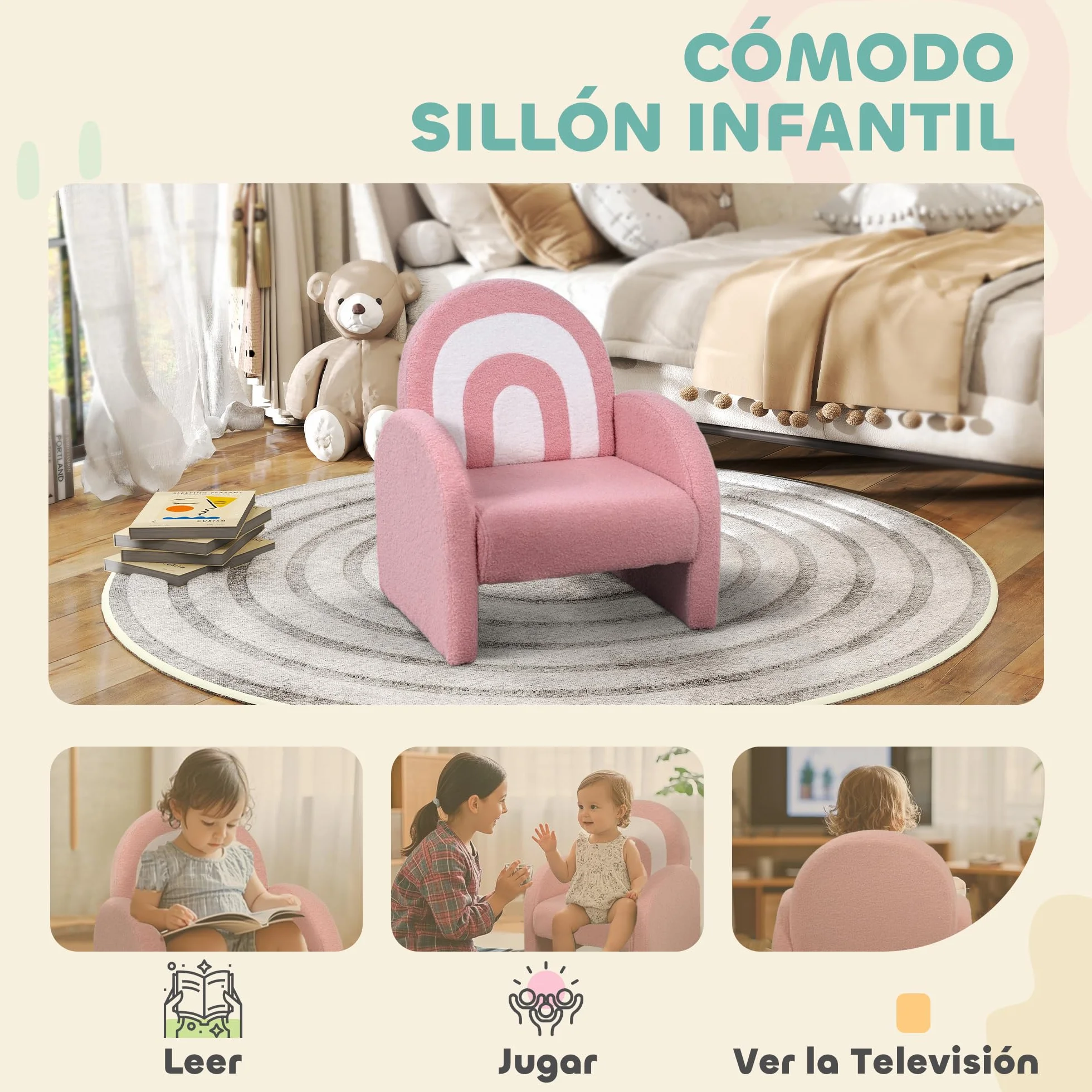 AIYAPLAY Sillón Infantil con Respaldo en Forma de Arcoíris Sofá para Niños de 18-96 Meses Tejido Suave de Borreguito Reposabrazos Carga 45 kg Rosa
