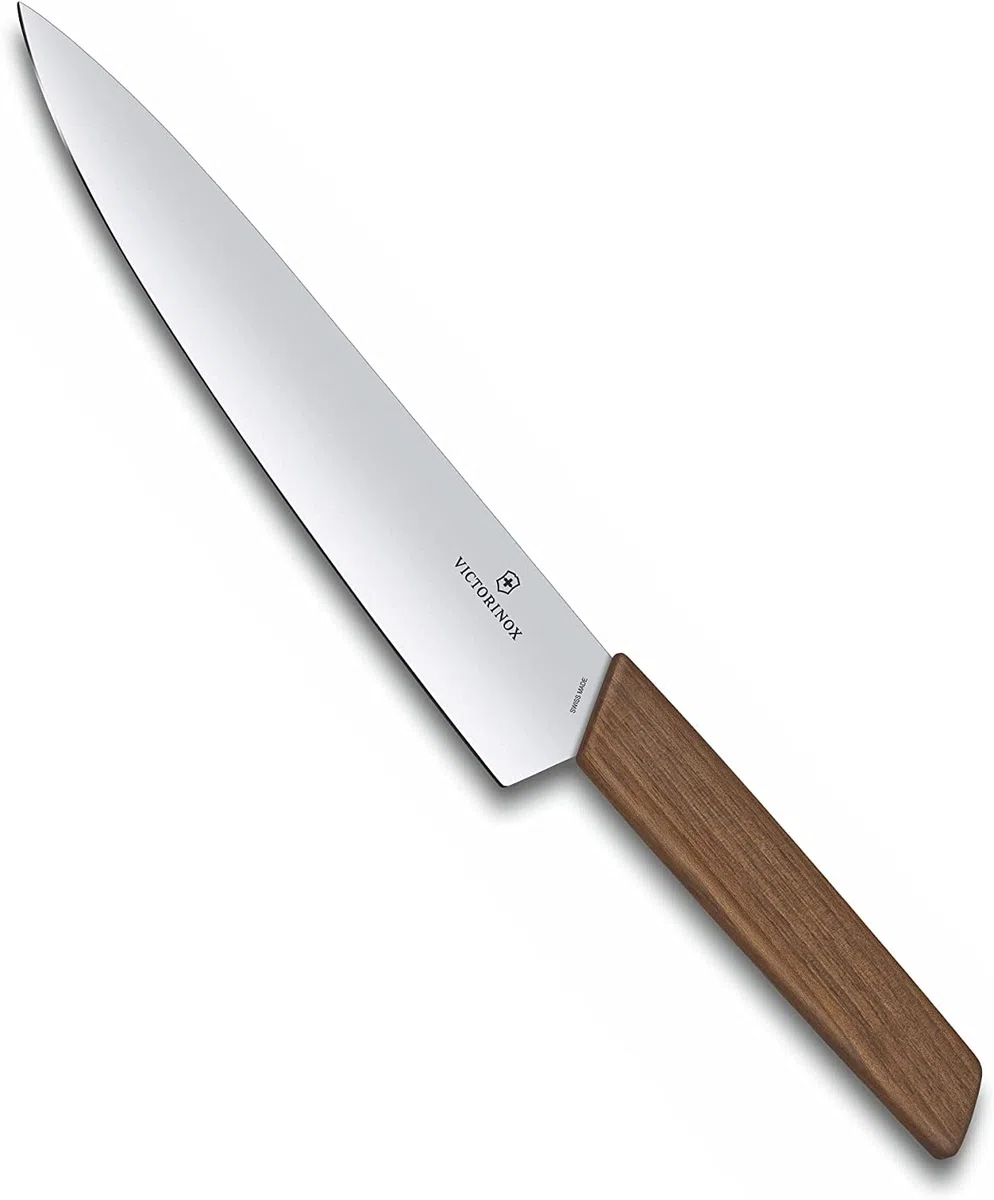Victorinox Swiss Modern, Cuchillo profesional para trinchar, Hoja extra afilada, afilado recto, 20 cm, Elegante mango de madera, Acero inoxidable, Marrón
