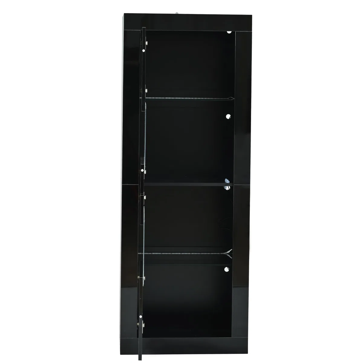 Vitrina negra brillante con iluminación LED, 1 estante de cristal, 61 x 42 x 162 cm, vitrina independiente, armario alto, armario de almacenamiento