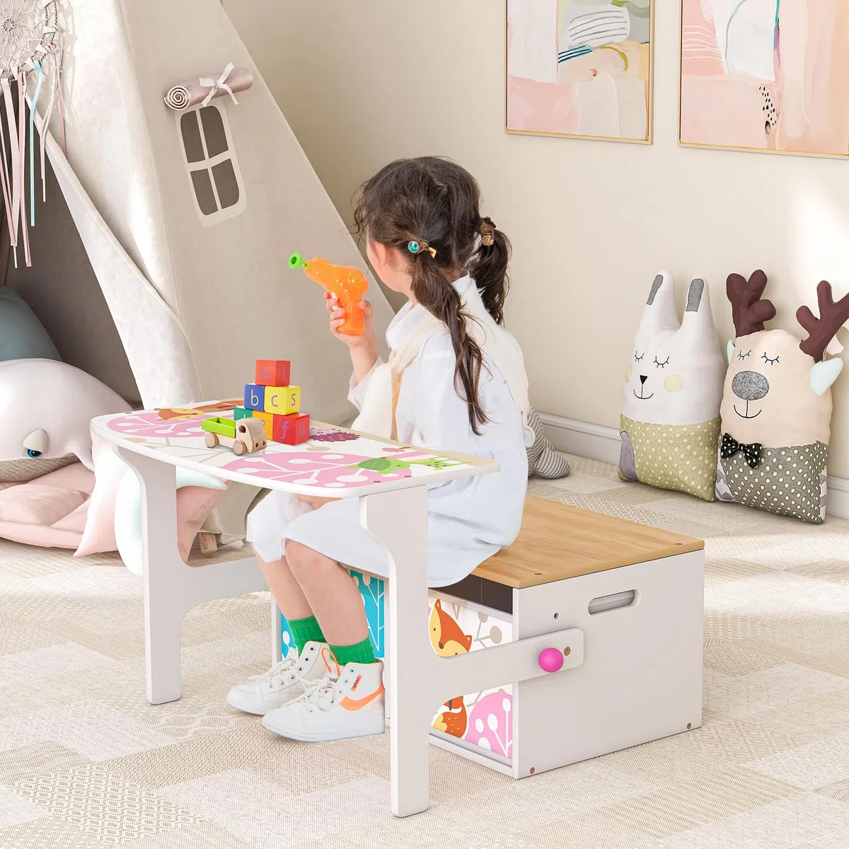 RELAX4LIFE 3 en 1 Baúl Juguetes Infantil de Madera, Juego de Mesa y Silla Infantil con Banco Convertible, Caja Almacenaje, Respaldo y Reposabrazos, Mesa y Sillas para Niños 3-7 Años (Rosa)