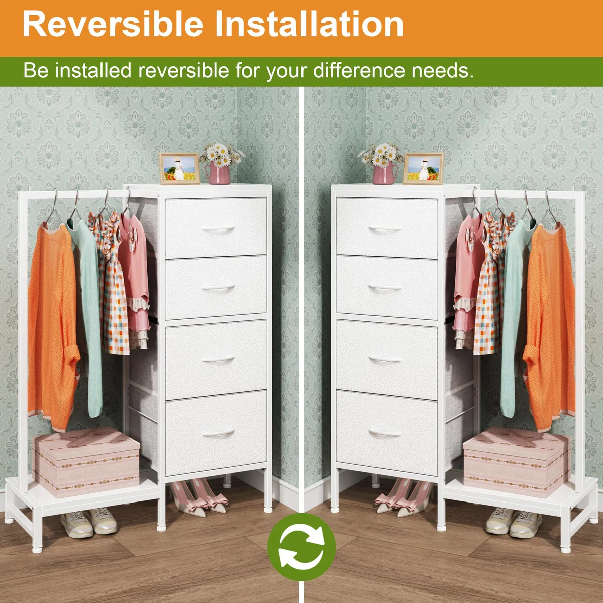 Cómoda con 4 Cajones de Tela y Barra Colgante, 111 cm, Mueble Multifunción para Dormitorio, Salón, Habitación Infantil, Pasillo, Madera Rústica rústica Blanco