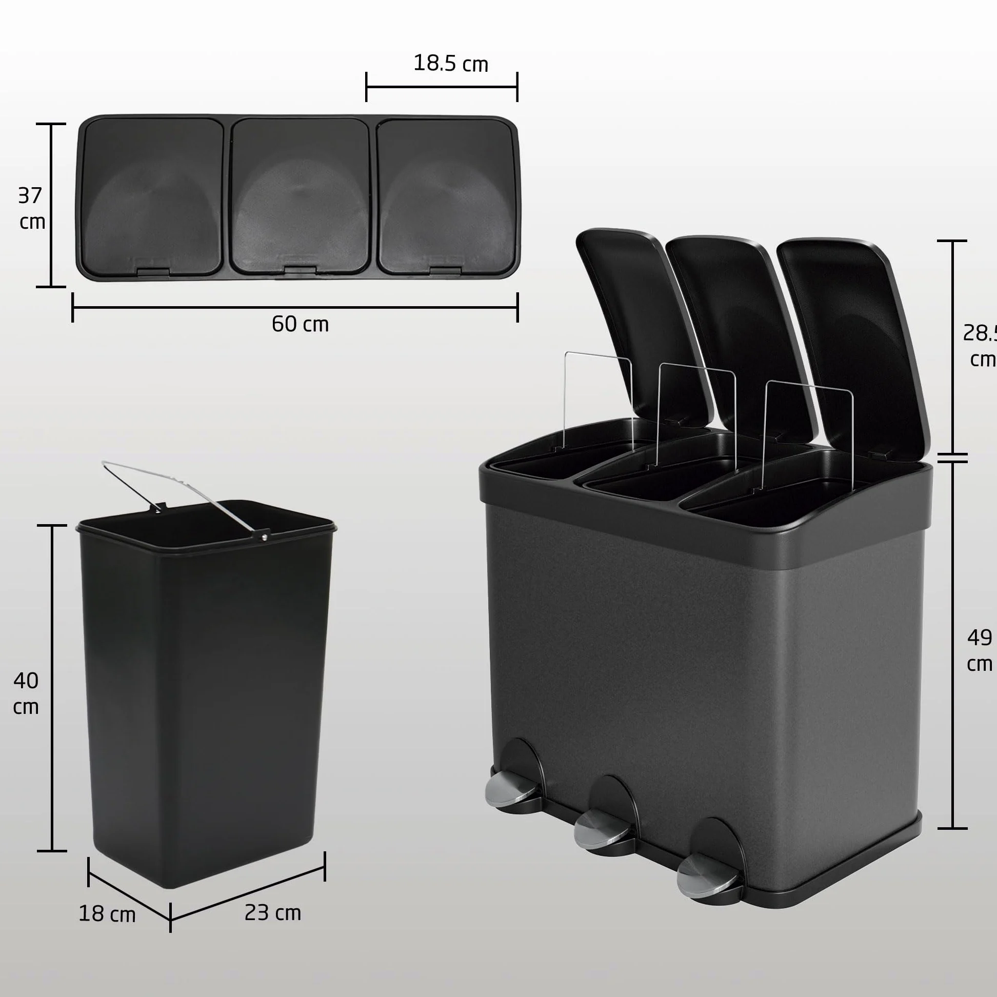 Amig - Cubo de Basura Triple con Pedales 45 litros - 3 Compartimentos Extraíbles de 15 litros - Cubo de Reciclaje para Cocina - Acero - 60 x 37 x 49 cm - Negro Mate