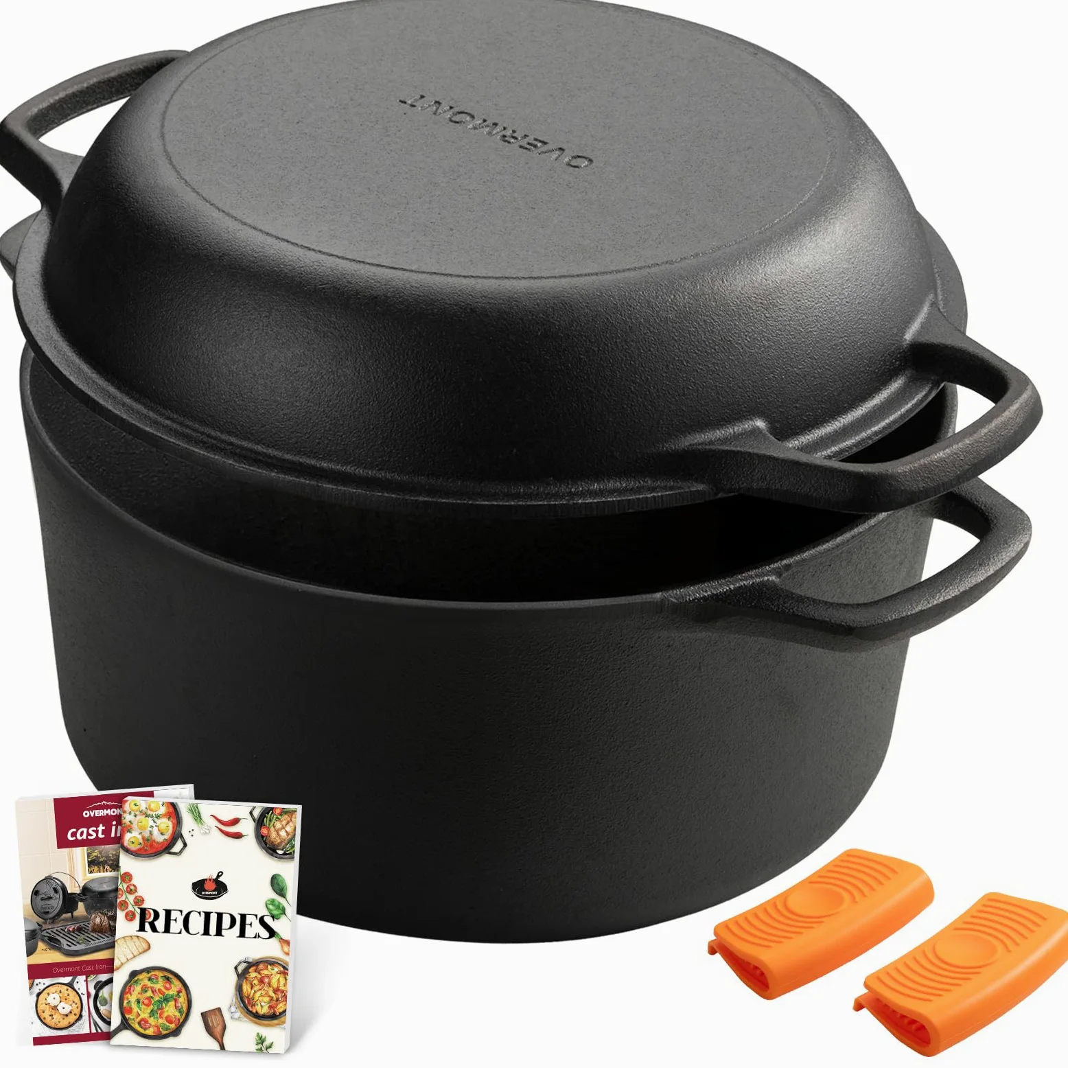 Overmont Olla Holandesa 6.6 L/ 7 Quart Cacerola de Hierro Fundido Tapa de Doble Función Sartén Plancha Pre Sazonado con Cubiertas de Manijas para Camping Cocina Casera Barbacoa Hornear