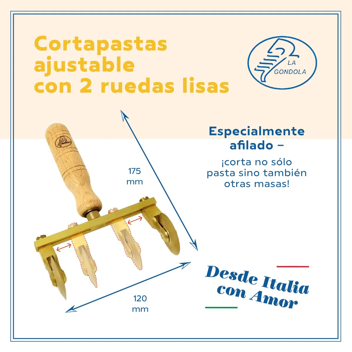 La Gondola Cortador de Rueda Ajustable (2 Lisas) | Utensilios para Pasta Fresca para Casa y Negocio | Cortapastas Fácil de Usar de Latón y Madera Natural | Cortador de Raviolis