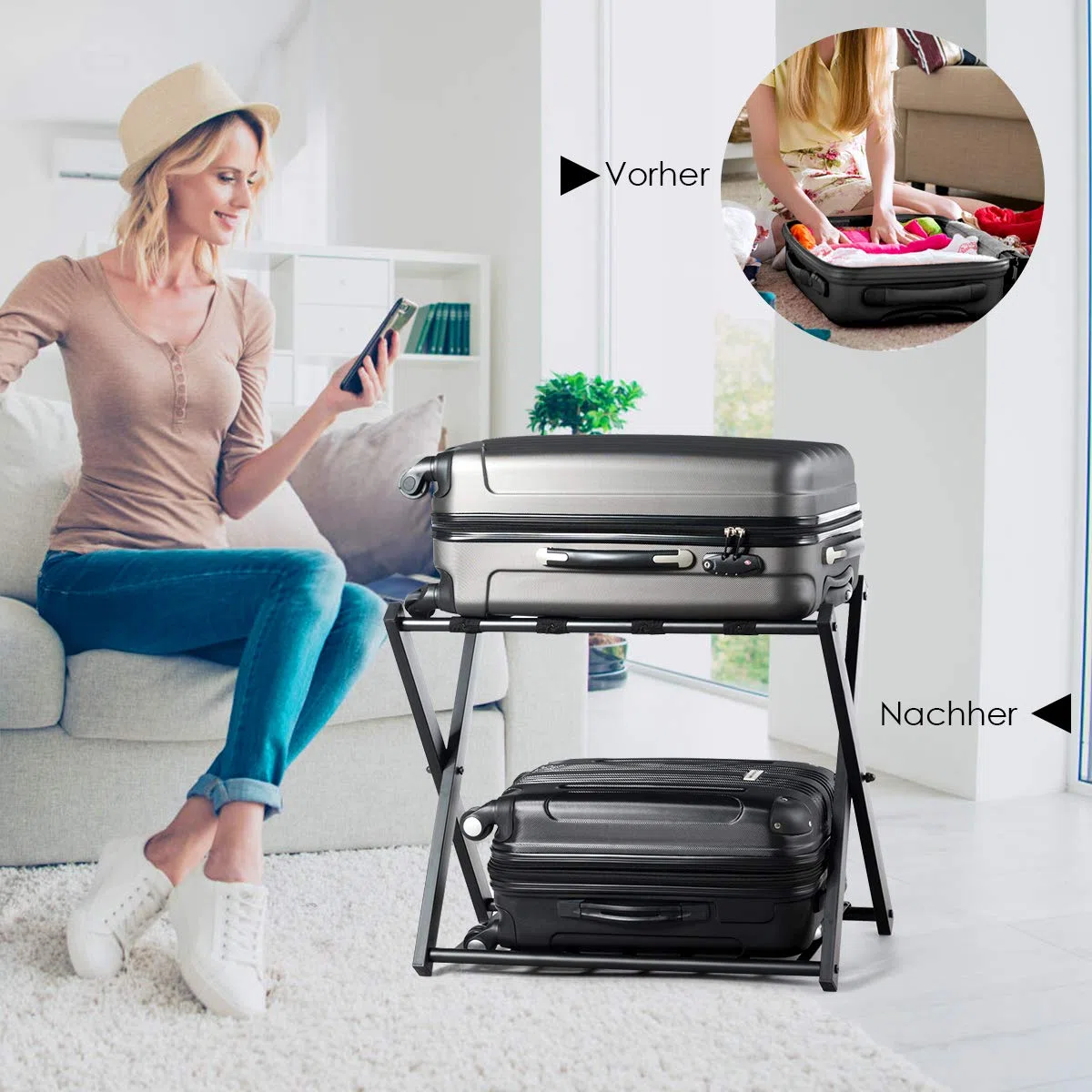 GYMAX Estante Plegable para Maletero, Portaequipajes Doble Capa, con 4 Correas Estables y Diseño de 2 Pisos, Estante de Equipaje Soporta hasta 60 kg, para Habitación de Huéspedes y Hotel (Negro, 2)