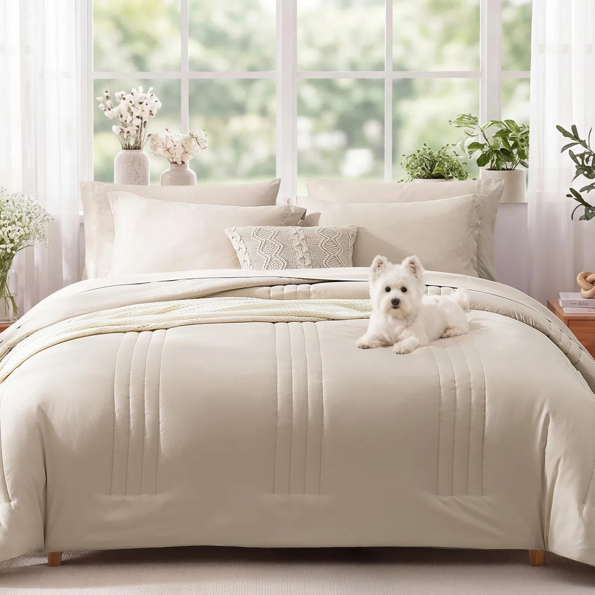 Monbix Juego de edredón tamaño Queen, Juego de Ropa de Cama Queen de 7 Piezas, edredones para Todas Las Estaciones, Juego de Cama Esponjoso, Cama cálida en una Bolsa, tamaño Queen con sábanas (Beige